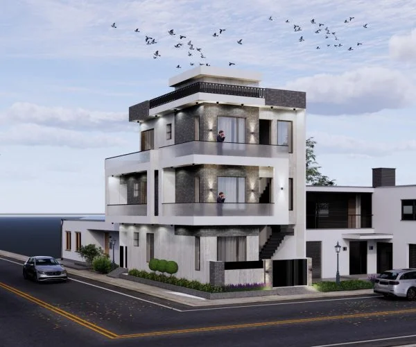 Corner view of modern 3-story apartment building with wraparound balconies, exterior lighting, urban streetscape, and contemporary architectural design by dream vision, the best architect in kharar.