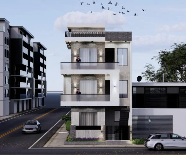 Contemporary 3-story apartment building with modern facade, large balconies, street view, and urban architecture design